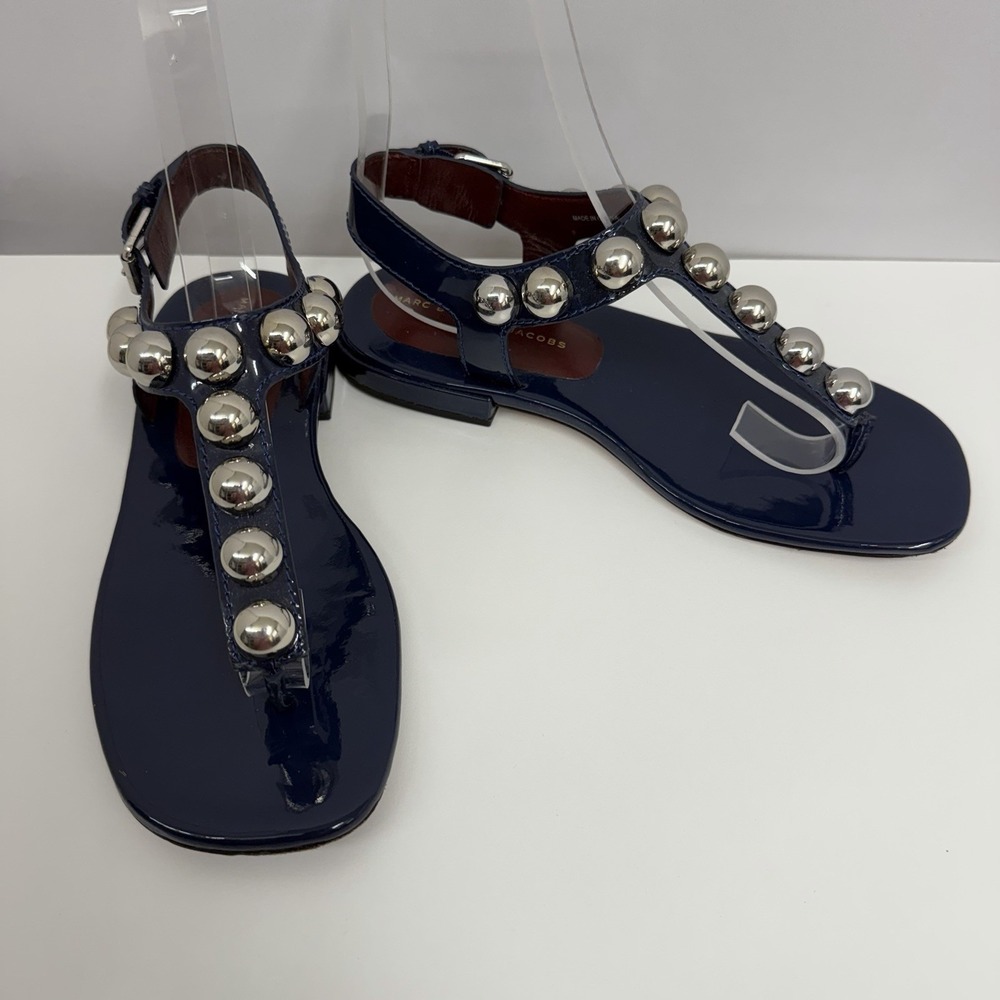 Marc by Marc Jacobs Patent Leather Sandals Shoes Navy Silver Studs $398.00 38 8
